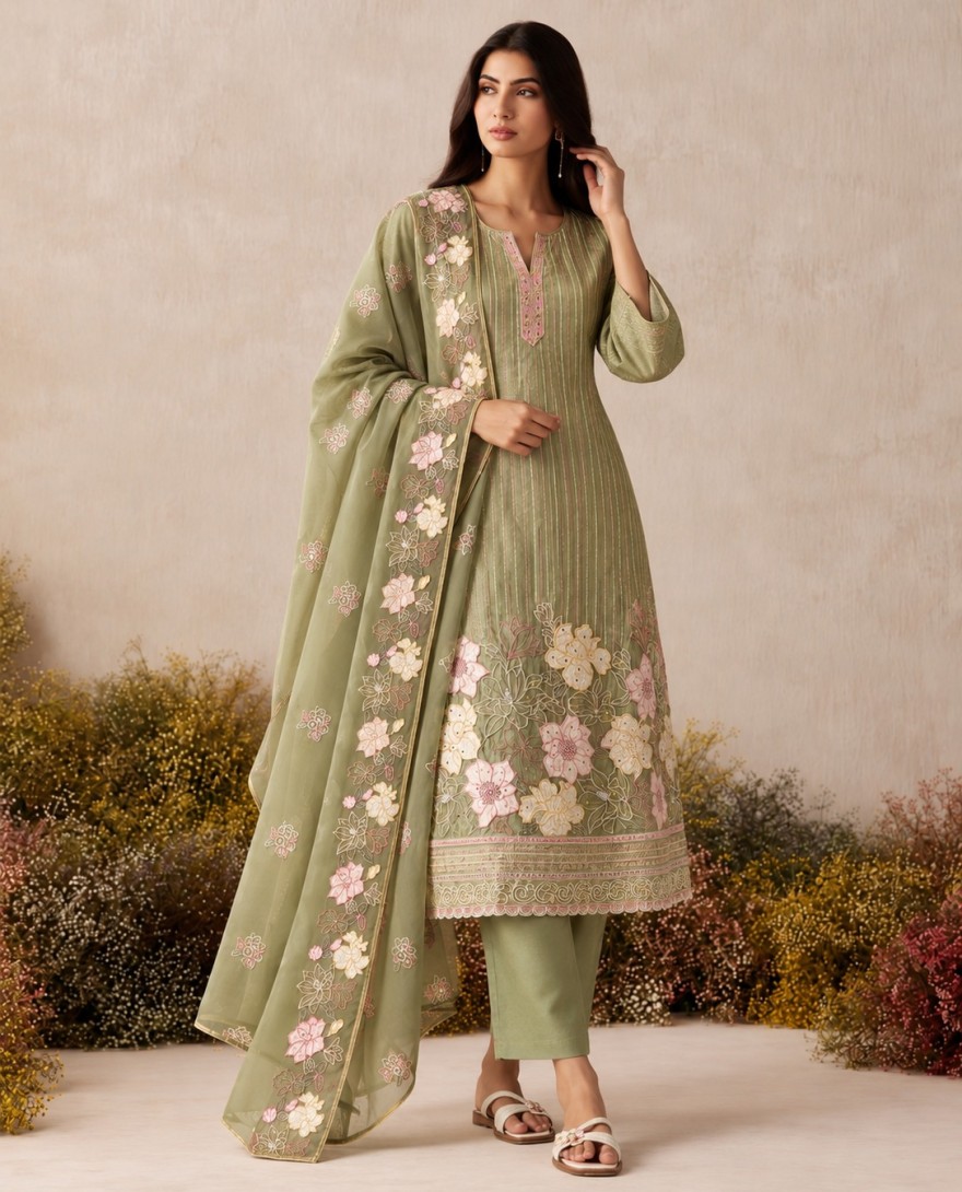 7114 - Green Shimmer Embroidered Work Salwar Suit for Ceremonial